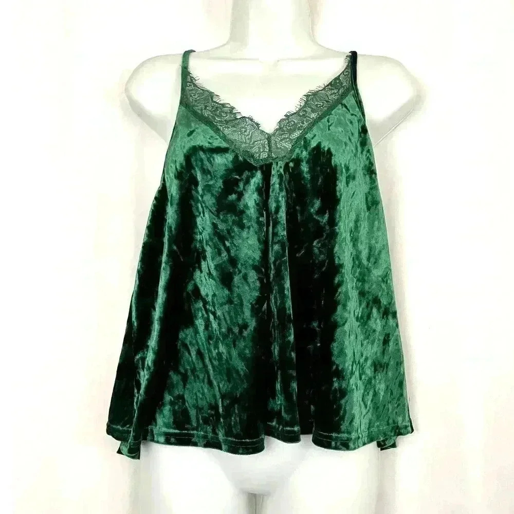 illa illa Green Velvet Tank Top MEDIUM Lace Trim Women's - Picture 11 of 11
